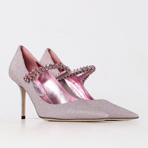 Jimmy Choo Bing 85 Pumps Sz 37 Pink Glitter Crystal Embellished Pointed Toe